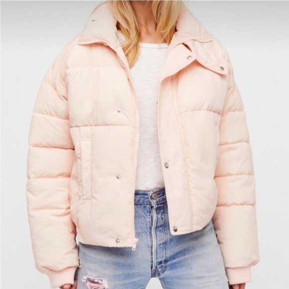 Free People Cold Rush Puffer Jacket Coat Cinched Waist Pale Pink - Picture 6 of 8